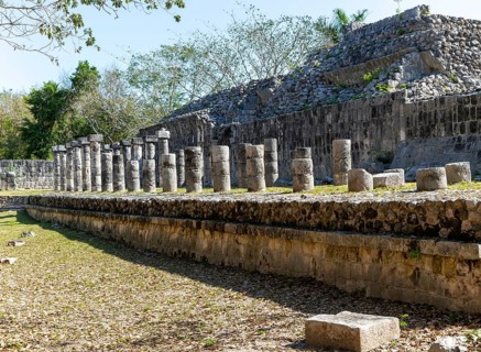 Stone columns in the Mercado area, Chichen Itza, Mayan ruins, Yucatan, Mexico, Central America