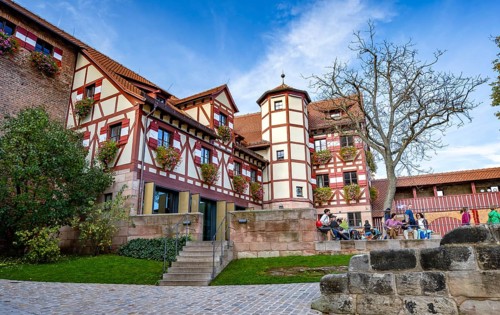 Kaiserburg, half-timbered houses in the castle, in autumn, Nuremberg, Middle Franconia, Bavaria,