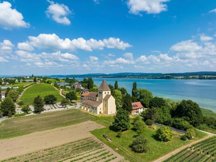 Aerial view of the Church of St. George, Oberzell, Reichenau, UNESCO World Heritage Site, Constance