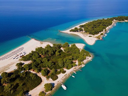 Aerial view, lagoon, beach and harbour, Glarokavos, Pallini, Kassandra Peninsula, Chalkidiki,