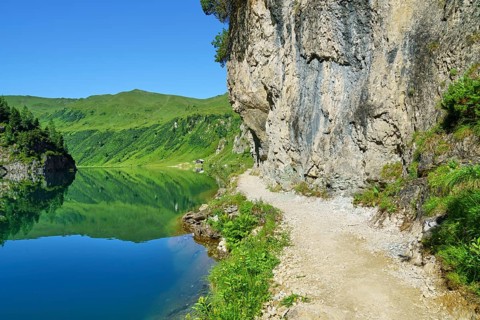Hiking trail at Tappenkarsee, mountain lake, landscape conservation area, Radstätter Tauern,