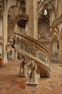 Interior view with miner's pulpit from 1638 of the Romanesque Cathedral of St. Mary, arts and