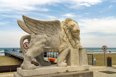 Venetian winged lion on the waterfront in Larnaka, Cyprus, Europe