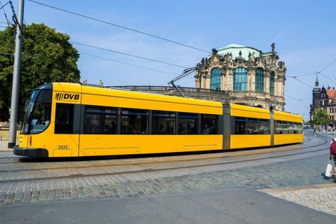 Modern DVB tram in Dresden city centre, Sophienstrasse at the Zwinger