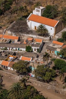 View over city with houses and church. Ciudad Velha. Cidade Velha. Santiago. Cabo Verde. Africa