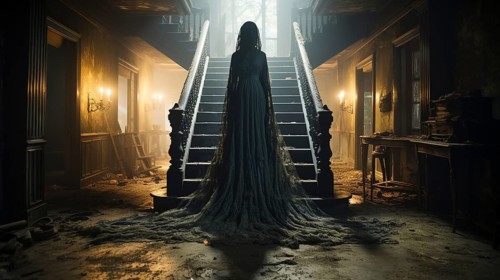 Eerie haunting ghostly silhouetted female figure in front of stairs in a haunting abandoned spooky