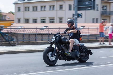 Harley Days Dresden, big ride through the city, here at the Elbe bridge Blaue Wunder