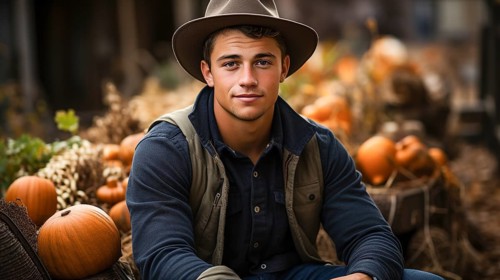 Young adult male farmer weaing cowboy hat standing near his truck in the country, generative AI
