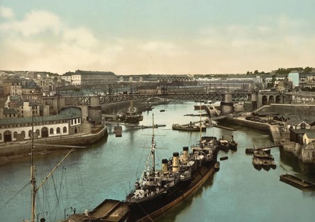 The Port Militaire and the swing bridge, Brest, France, c. 1890, Historic, digitally enhanced