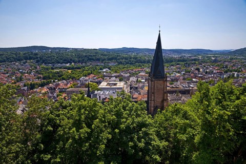 Elevated view of the parish church of St. Mary and the town from the Schlossberg, Marburg an der