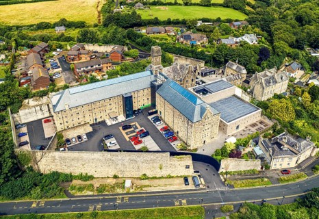 Bodmin Jail and Bodmin Luxury Hotel from a drone, Bodmin Moor, Cornwall, England, UK