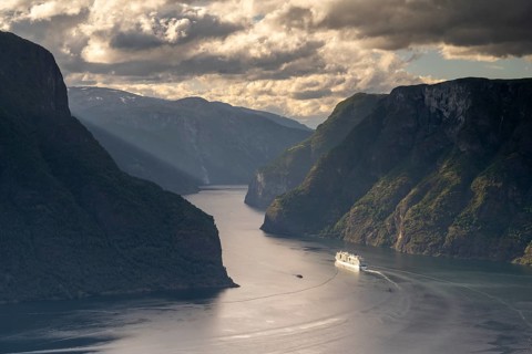 Cruise ship in narrow fjord, Sognefjord, Norway, Europe