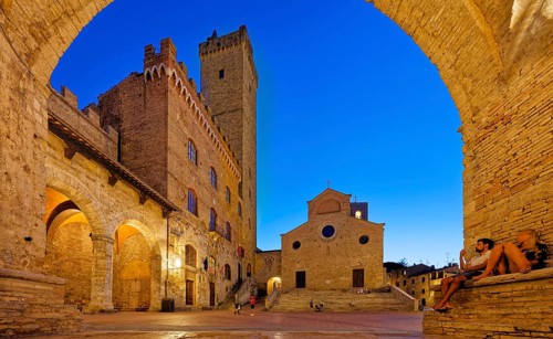View of the Piazza del Duomo with the Collegiata di Santa Maria Assunta also Duomo di San Gimignano