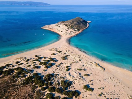 Drone shot, double bay of Simos beach, Sarakiniko beach, Elafonisos, Deer Island, Laconia,