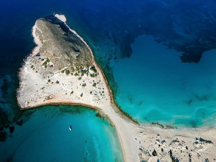 Drone shot, double bay of Simos beach, Sarakiniko beach, Elafonisos, Deer Island, Laconia,