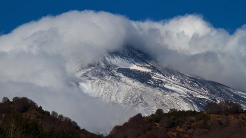 Snow-capped peaks, peaks shrouded in clouds, Etna, volcano, Eastern Sicily, Sicily, Italy, Europe