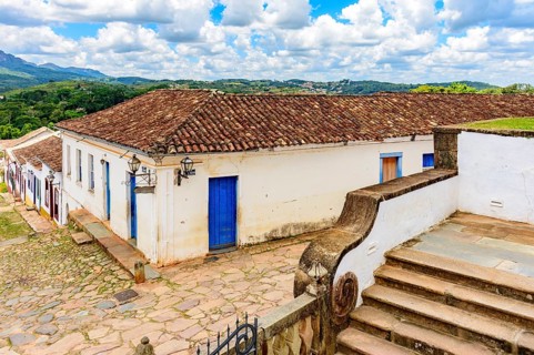 Stone street with old colonial style houses in the historic city of Tiradentes in Minas Gerais,
