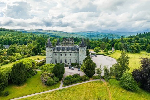 Inveraray Castle from a drone, Clan Campbell, Loch Fyne, Argyll, Scotland, UK