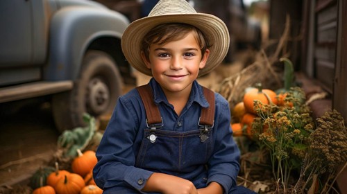 Happy young boy wearing cowboy hat sitting amongst the fall pumpkin harvest, generative AI