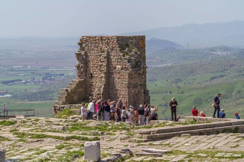 Group of visitors at the Ancient excavation site Site of Pergamon, Castle Hill, Pergamon, Turkey,