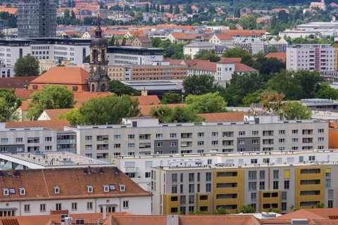 View from the town hall tower over the inner old town across the apartment blocks of the