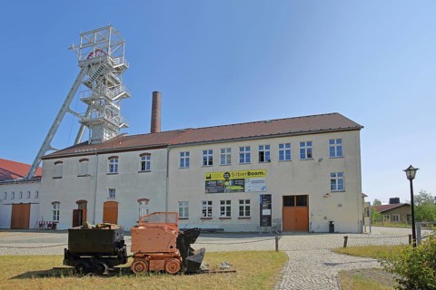 Lorries with winding tower at the former mine Reiche Zeche Fundgrube Himmelfahrt, TU Bergakademie,