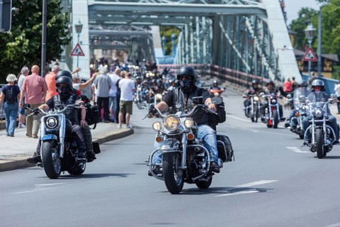 Harley Days Dresden, big ride through the city, here at the Elbe bridge Blaue Wunder