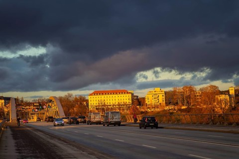 Sunset on the Waldschlösschen Bridge in Dresden