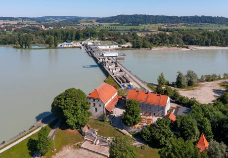 Drone shot, Inn power plant Ering Frauenstein, Frauenstein Castle, Mining, Inn, Innviertel, Upper