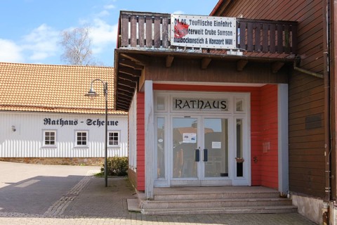 Entrance to the Town Hall, Town Hall Barn, St. Andreasberg, Harz Mountains, Lower Saxony, Germany,
