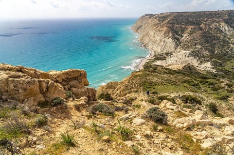 Hiking trail on the cliffs of Cape Aspro near Pissouri, Cyprus, Europe