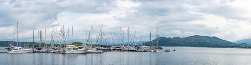 Panorama of Dunstaffnage Marina, Loch Etive, Oban, Argyll and Bute, Scotland, UK