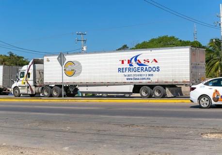 Vehicles road traffic on highway 307, Bacalar, Quintana Roo, Mexico, Tlasa Refrigerated vehicle,