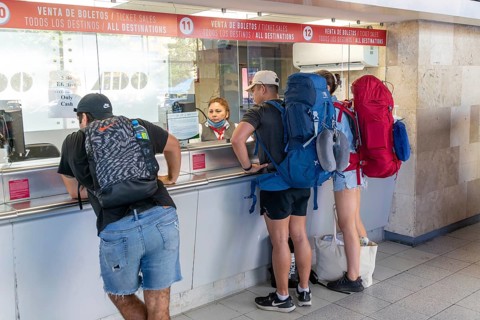 Ticket booths at ADO bus terminal downtown city centre, Cancun, Quintana Roo, Yucatan Peninsula,