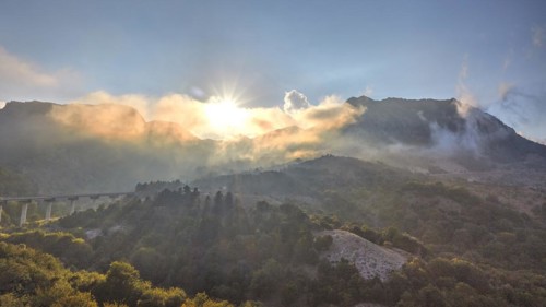 HDR shot, fog, clouds, backlight, bridge, mountains, Madonie National Park, spring, Sicily, Italy,