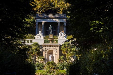 Sanssouci Park is part of the Potsdam palace park ensemble. In the foreground, the parterre of the