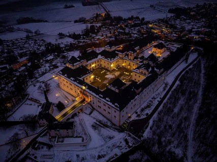 Augustusburg Hunting Lodge, also known as the Crown of the Ore Mountains, on a Winter Evening