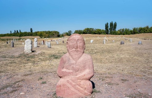 Balbals, historical gravestones in the shape of human faces, near Tokmok, Chuy, Kyrgyzstan, Asia