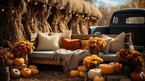 Vintage truck bed filled with fall themed decorations and pillows, generative AI