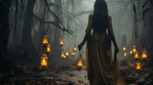 Mysterious female ghost figure walking amongst spanish moss, forest and candlelit lanterns on