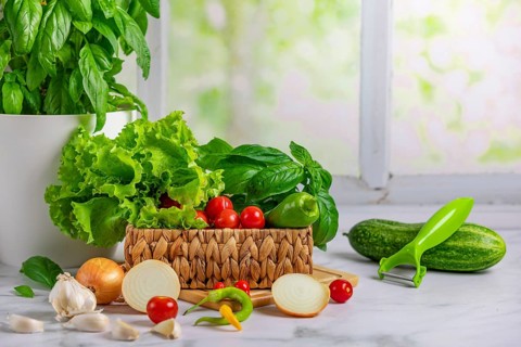 Fresh vegetables in basket, salad ingredients, cucumber with peeler, tomatoes, lettuce, basil,