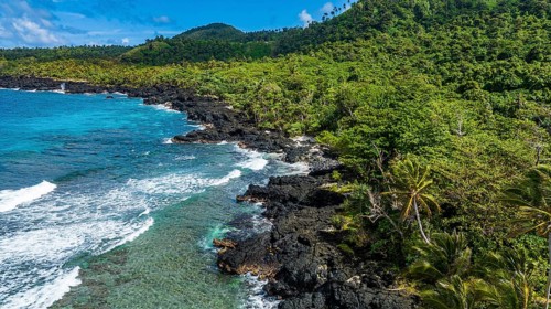 Aerial of the volcanic south coast, Taveuni, Fiji, South Pacific, Oceania