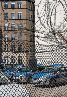 Parking police vehicles behind the security fence, police section 53, Berlin, Germany, Europe