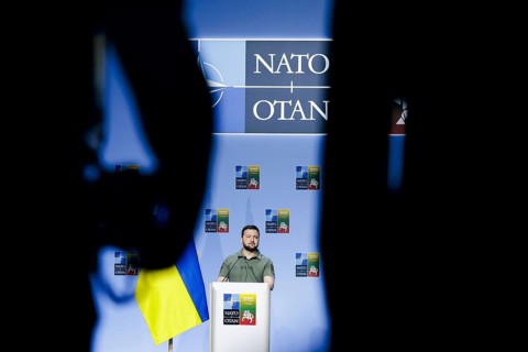 Ukrainian President Volodymyr Selensky, pictured at a joint press conference at the NATO summit in