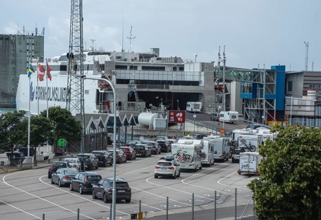 He Bornholm line's ferry Express 5 loading cars in Ystad harbor. It is the world's largest