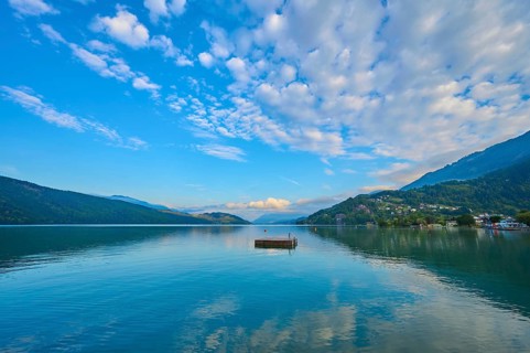 Lake, reflection, bathing raft, sky, clouds, sunrise, summer, Lake Millstatt, Döbriach, Carinthia,