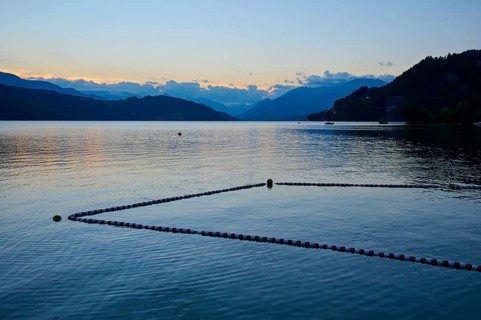 Lake, floating chain, buoy, outdoor pool, sunset, summer, Lake Millstatt, Döbriach, Carinthia,