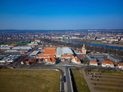 New Dresden Trade Fair Centre in the former Erlwein slaughterhouse.Dresden Sports High School on