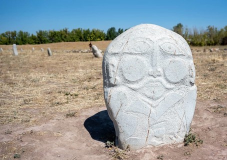 Balbals, historical gravestones in the shape of human faces, near Tokmok, Chuy, Kyrgyzstan, Asia