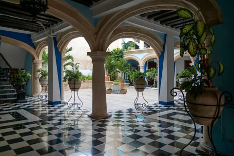 Spanish colonial architecture in courtyard at former Hotel Cuauhtemoc, Campeche city, Campeche